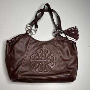 SOLINA Brown Leather Satchel Tote Purse Embossed Scroll Design Silver Rings Tass